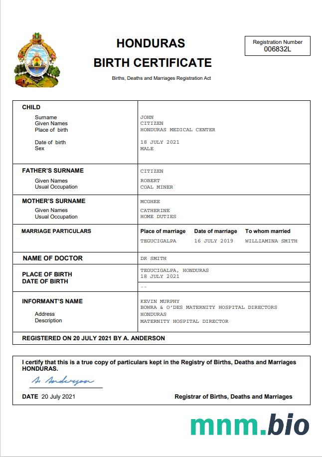 Honduras narodziny certyfikat Word i PDF szablon